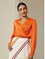 cheap Two Piece Sets-Satin Orange Crossover Collar Blouse &amp; Multi Color Stripe Midi Skirt Two Piece Sets