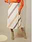 cheap Two Piece Sets-Satin Orange Crossover Collar Blouse &amp; Multi Color Stripe Midi Skirt Two Piece Sets