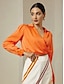 cheap Two Piece Sets-Satin Orange Crossover Collar Blouse &amp; Multi Color Stripe Wide Leg Pants Two Piece Sets