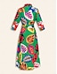 billige Print Dresses-Collared Leaf 3 4 Sleeve Midi Shirt Dress