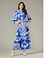 cheap Print Dresses-Satin Floral Swing Knotted Belted Maxi Dress