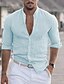 baratos Linen Shirts-camisa masculina com gola de banda camisa de verão camisa de praia com botões camisa casual preto branco rosa verde exército manga longa gola de cor sólida festa roupas havaianas