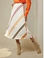 cheap Two Piece Sets-Satin Orange Crossover Collar Blouse &amp; Multi Color Stripe Midi Skirt Two Piece Sets