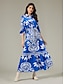 cheap Print Dresses-Satin Floral Swing Knotted Belted Maxi Dress