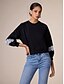 cheap Hoodies-Cotton Blend Lace Trim Sleeves Ribbed Hem Black Sweatshirt