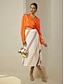 cheap Two Piece Sets-Satin Orange Crossover Collar Blouse &amp; Multi Color Stripe Midi Skirt Two Piece Sets