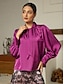 preiswerte Blouses-Solid Satin Lantern Sleeve Tie Front Blouse