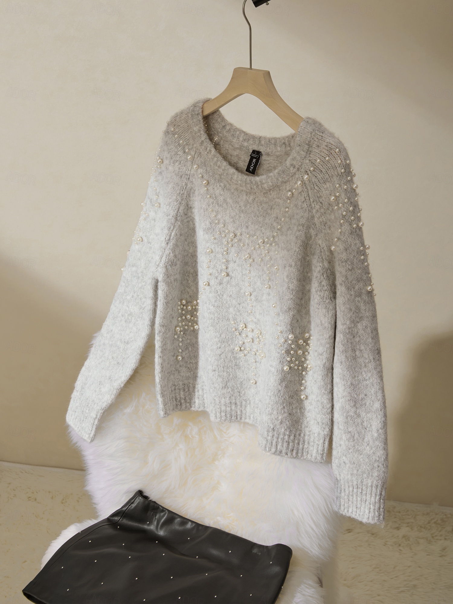 baratos Camisolas-Beaded Design Crew Pullover Sweater