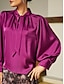 cheap Blouses-Satin Solid Lantern Sleeve Tie Front Blouse