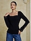 abordables Camiseta-Cotton Lace Long Sleeve Square Neck T shirt