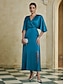 cheap Party Dresses-Satin Peacock Blue Ruched Solid Split Hem Maxi Dress