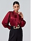 cheap Blouses-Satin Solid Lantern Sleeve Tie Front Blouse