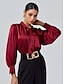 cheap Blouses-Satin Solid Lantern Sleeve Tie Front Blouse