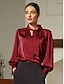 economico bluse-Solid Satin Tie Front Lantern Sleeve Blouse