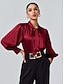 cheap Blouses-Satin Solid Lantern Sleeve Tie Front Blouse