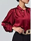 cheap Blouses-Satin Solid Lantern Sleeve Tie Front Blouse