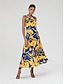 cheap Print Dresses-Satin Belted Floral High Neck Midi Dress