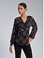 abordables blouses-Print V Neck Long Sleeve Blouse