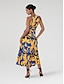 cheap Print Dresses-Satin Belted Floral High Neck Midi Dress