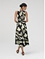 cheap Print Dresses-Satin Leaves Belted Sleeveless Maxi Dress