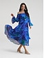 baratos Print Dresses-Royal Blue Floral Chiffon Off Shoulder Maxi Dress