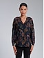 abordables blouses-Print V Neck Long Sleeve Blouse