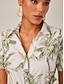 cheap Midi Dresses-Linen Palm Print Button Midi Shirt Dress