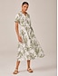 cheap Midi Dresses-Linen Palm Print Button Midi Shirt Dress