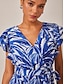 cheap Midi Dresses-Leaf Print Drawstring Ruffle Sleeve Midi Dress
