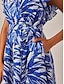 cheap Midi Dresses-Leaf Print Drawstring Ruffle Sleeve Midi Dress