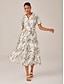cheap Midi Dresses-Linen Palm Print Button Midi Shirt Dress