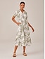 cheap Midi Dresses-Linen Palm Print Button Midi Shirt Dress