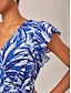 cheap Midi Dresses-Leaf Print Drawstring Ruffle Sleeve Midi Dress