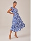 cheap Midi Dresses-Leaf Print Drawstring Ruffle Sleeve Midi Dress