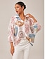 billige bluser-Print Relaxed Overhead V Neck Blouse