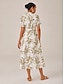 cheap Midi Dresses-Linen Palm Print Button Midi Shirt Dress