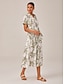 cheap Midi Dresses-Linen Palm Print Button Midi Shirt Dress