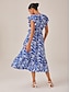 cheap Midi Dresses-Leaf Print Drawstring Ruffle Sleeve Midi Dress