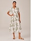 cheap Midi Dresses-Linen Palm Print Button Midi Shirt Dress