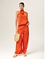 cheap Matching Sets-Orange Stand Collar Wide Leg Pants Set