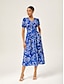 cheap Maxi Dresses-Abstract Art Linen Feel Cinched Waist Maxi Dress