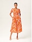 cheap Maxi Dresses-Abstract Art Linen Feel Cinched Waist Maxi Dress