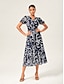 cheap Maxi Dresses-Abstract Art Linen Feel Cinched Waist Maxi Dress