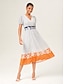 cheap Midi Dresses-Linen-Like Striped Color Block A-Line Midi Dress