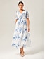 cheap Maxi Dresses-Blue Floral Ink-Wash Chiffon Maxi Dress