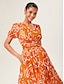 cheap Maxi Dresses-Abstract Art Linen Feel Cinched Waist Maxi Dress