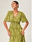 cheap Casual Dresses-Jacquard Chiffon V Neck Midi Dress