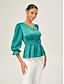 cheap Blouses-Elegant Lake Green Satin Cinched Blouse