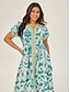 cheap Print Dresses-Puff Sleeve V Neck Maxi Dress