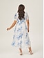 cheap Maxi Dresses-Blue Floral Ink-Wash Chiffon Maxi Dress